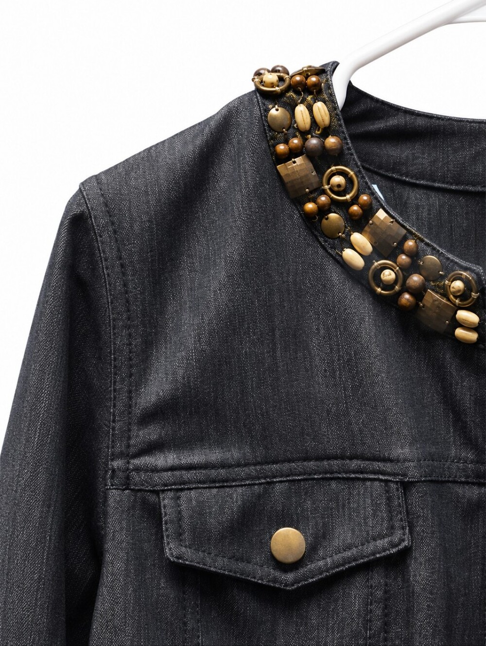 Embellished Collar Dark Gray Denim Jacket. - Picture 4 of 6